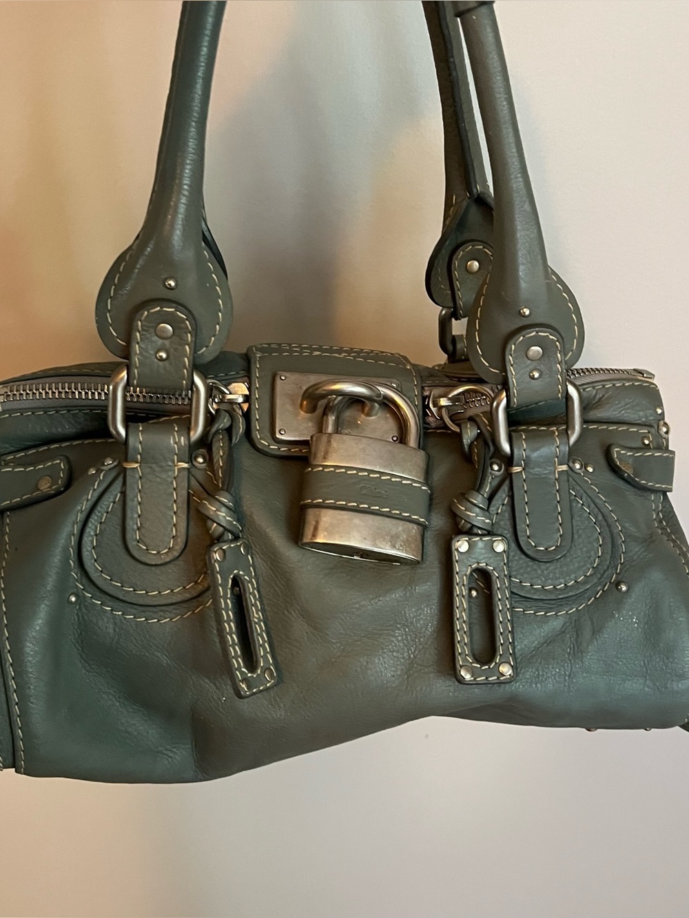 CHLOE Paddington Medium Handbag Sage Grey Leather Designer Bag Y2K No Key
